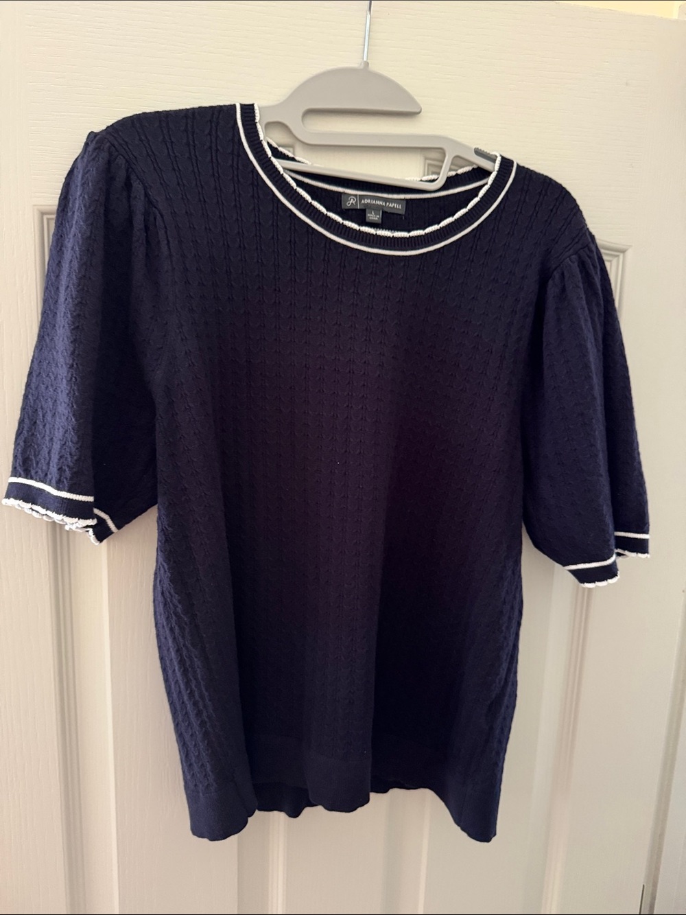Adrianna Papell Navy Short Sleeve Knit Top with White Trim Accents